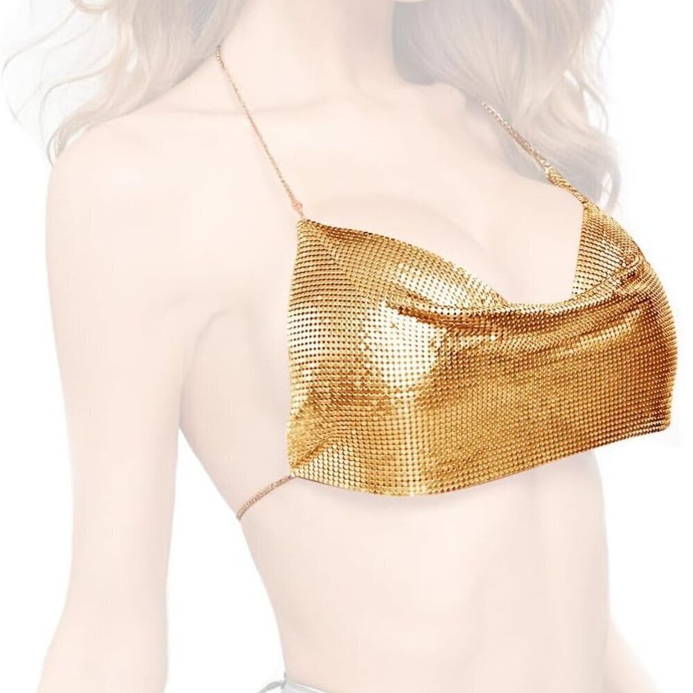 Women's Sequin Halter Top Sleeveless Backless Body Jewelry Gold